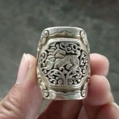 Antique Collection 925 Silver Kirin Hollow Ring, Vintage Nostalgic Lucky Charm Finger Ring