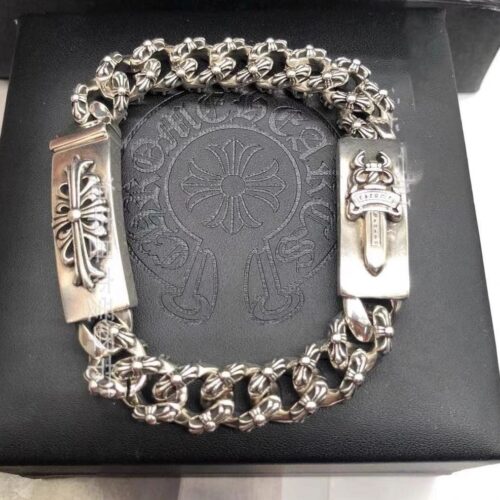 925 Sterling Silver Cross Sword Men's Bracelet with Insert Clasp-Fully Floral Cross Sword