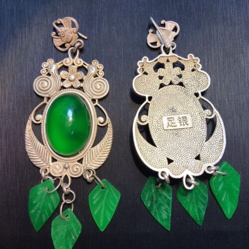 Antique Jade Ice Egg Surface Earrings with Old Silver