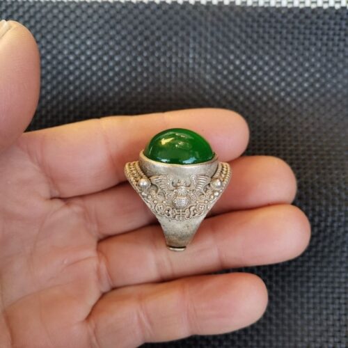 Antique sterling silver bat carving ring with natural jade