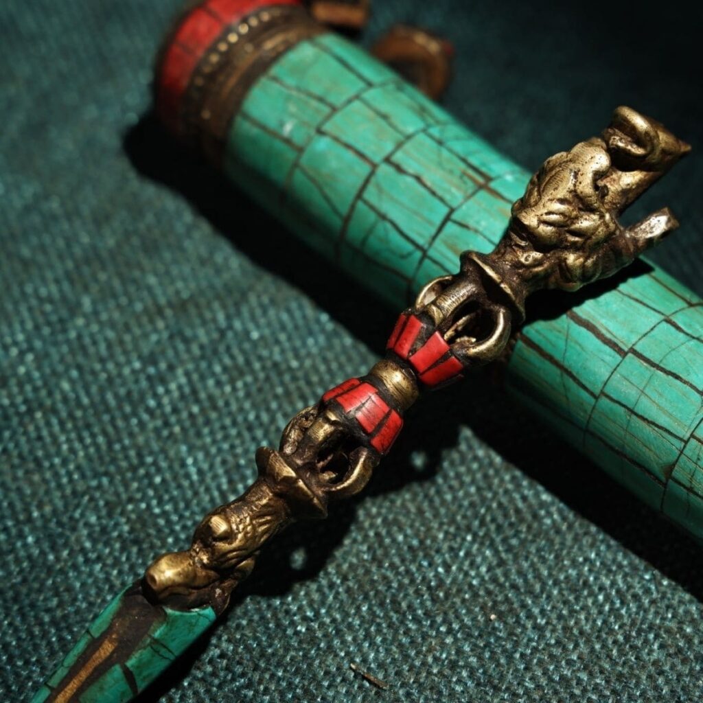 Antique Tibetan Copper Horsehead Vajra with Gem Inlays