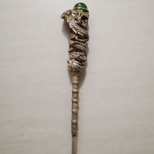 Antique Tibetan silver dragon head hairpin with pearl and Miao silver accents