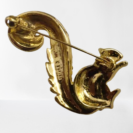 D'Orlan Gold-Tone Squirrel Brooch with Red and White Rhinestones