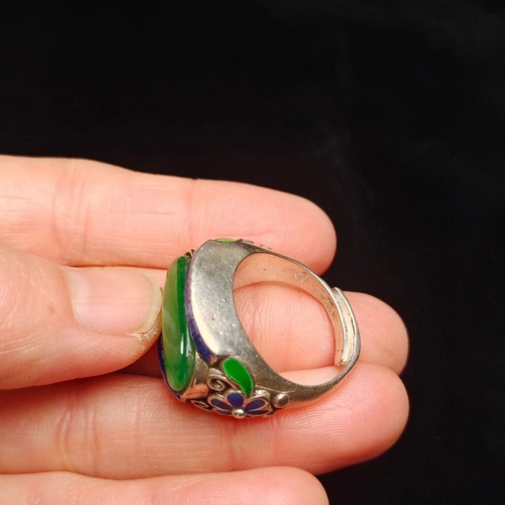 High Ice Burmese Old Jadeite Enamel Saddle Ring - Qianlong Era