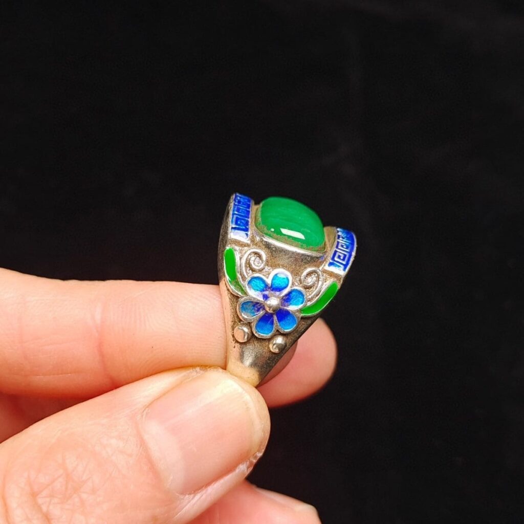 High Ice Burmese Old Jadeite Enamel Saddle Ring - Qianlong Era