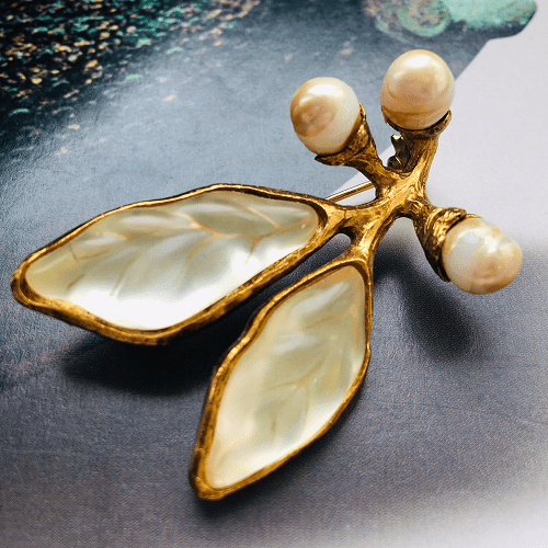 KENZO Vintage Ruri Glaze Pearl and Frosted Leaf Brooch