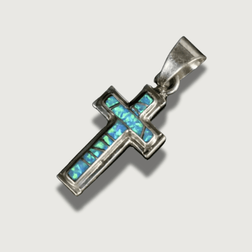 Navajo Sterling Silver Blue Opal Inlaid Cross Pendant