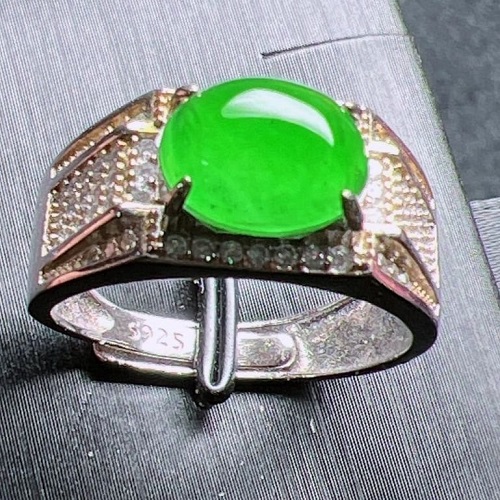 Natural Grade A Jadeite Men's Ring with Full Green Icy Jade Cabochon