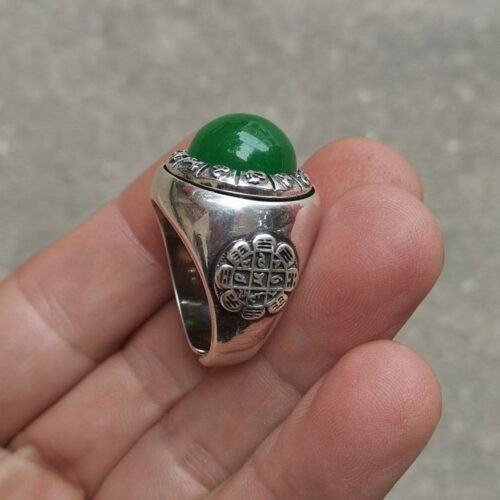 Sterling Silver Inlaid Old Jadeite Zodiac Ring