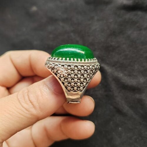 Vintage Men's Ring with High-Ice Green Jade and Old Silver