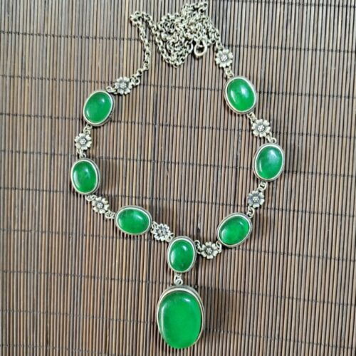 Vintage ice jade pendant necklace with old silver inlay