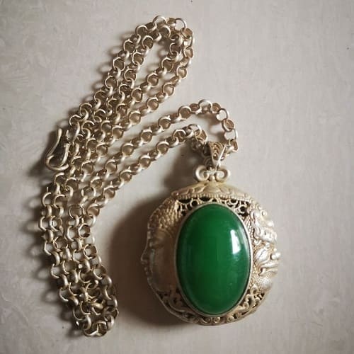 Antique Double-Sided Silver Lock Pendant with Jade Inlay