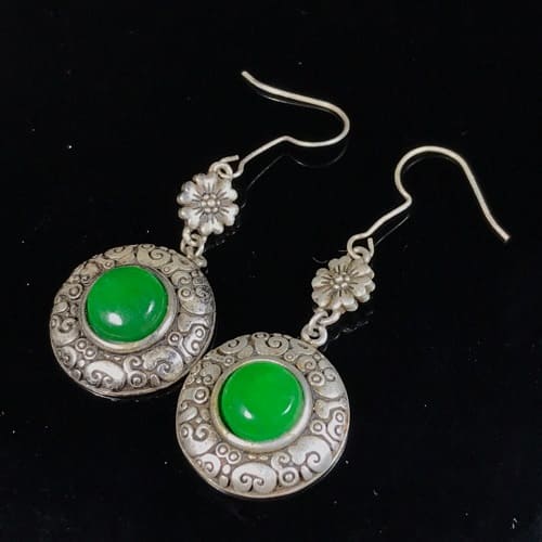 Antique Qing Dynasty Jadeite Earrings with Sterling Silver Inlay