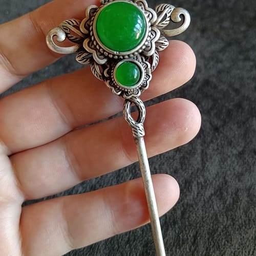 Antique Tibetan Silver Hairpin with Jade Inlay