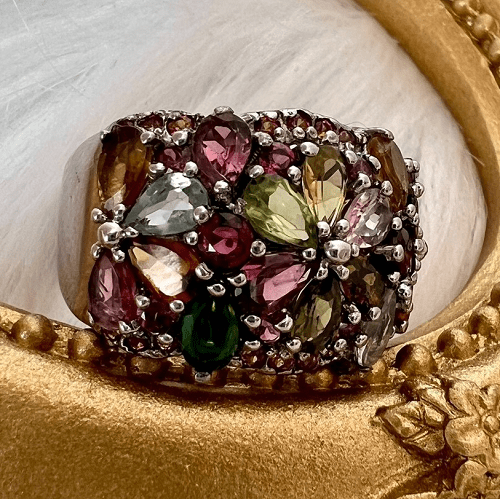 Thai Designer 925 Sterling Silver Ring with Tourmaline, Garnet, Peridot, and Diopside (US Size 7.3)