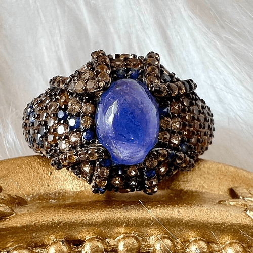 Thai Designer Black Gold 925 Silver Ring with Tanzanite and Colored Sapphires – US Size 7.75