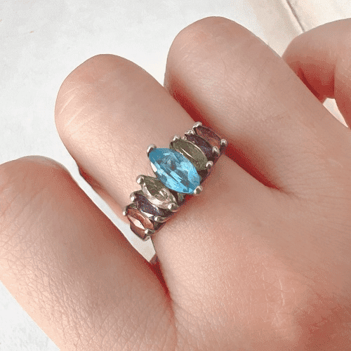 Vintage 925 Sterling Silver Ring with Blue Topaz, Peridot, Amethyst, and Citrine – US Size 7.75