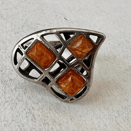 Vintage European 925 silver amber ring, size 6.5 US, 17.1mm diameter