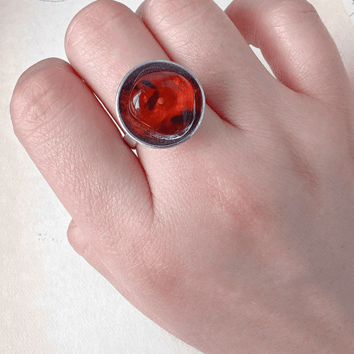 Vintage European silver ring with amber gemstone, size 7.75