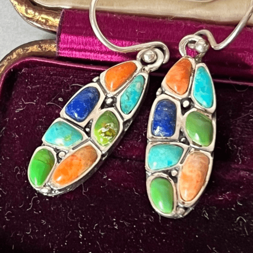 Egyptian Silver Earrings with Malachite, Turquoise, Lapis Lazuli, and Shell Inlay