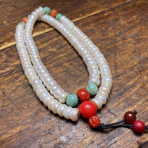 Vintage Tibetan 108 Pearl Mala Beads Bracelet with Thick Patina, Turquoise, and South Red Agate