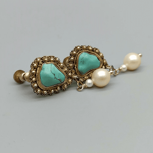 Vintage Silver Gilt Earrings with Natural Turquoise and Seawater Pearls