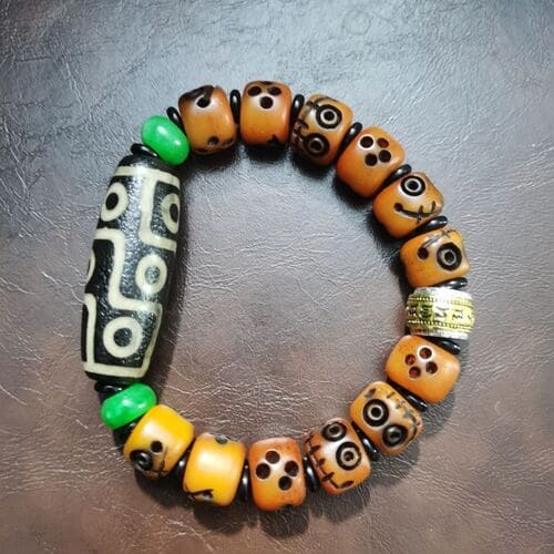 Yak Bone Carved Ah Dai Bracelet with Nine-Eyed Dzi Bead and Agate