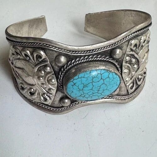 Antique Yao Tribe silver cuff bracelet with turquoise inlays, handcrafted and adjustable