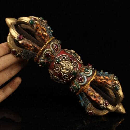 Handcrafted Tibetan Nine-Pronged Vajra with Gemstone Inlay – 1203g