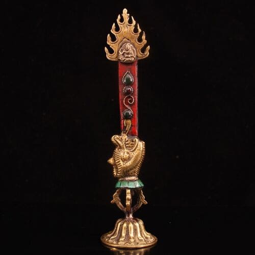 Vintage Tibetan Manjushri sword statue with copper and gemstone inlays