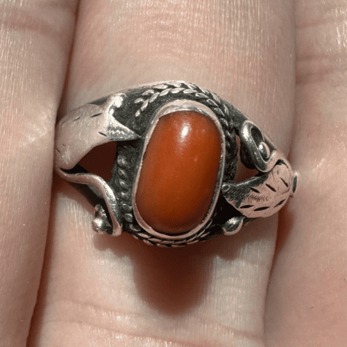 Vintage Tibetan Silver Ring with Coral Gemstone and Aged Patina