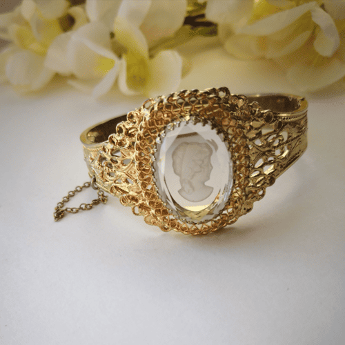 Vintage Whiting & Davis gold-tone Moon Goddess cameo bracelet