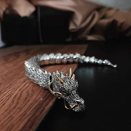 Sterling silver dragon head bracelet with thick chain design, perfect for men’s hip-hop and streetwear fashion.