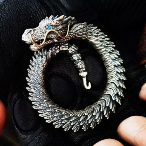 Sterling silver dragon head bracelet with thick chain design, perfect for men’s hip-hop and streetwear fashion.