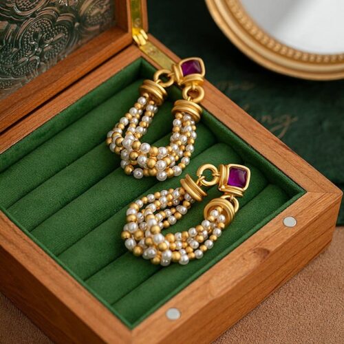 Vintage pearl tassel earrings for women with 925 silver studs, elegant jewelry, 6cm drop, 33.6g