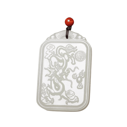 Hotan Jade Drachen Anhänger, natürliche Jadeschnitzerei, Vorderansicht, perfekter Glanz.