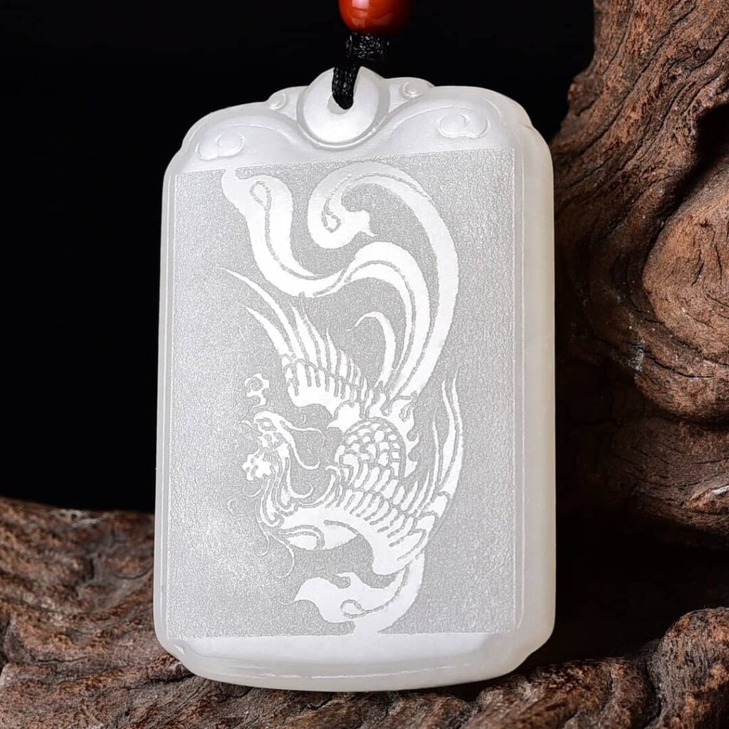 Hotan Jade Dragon Phoenix Anhänger, natürliche Jade Schnitzerei, komplizierte Details.