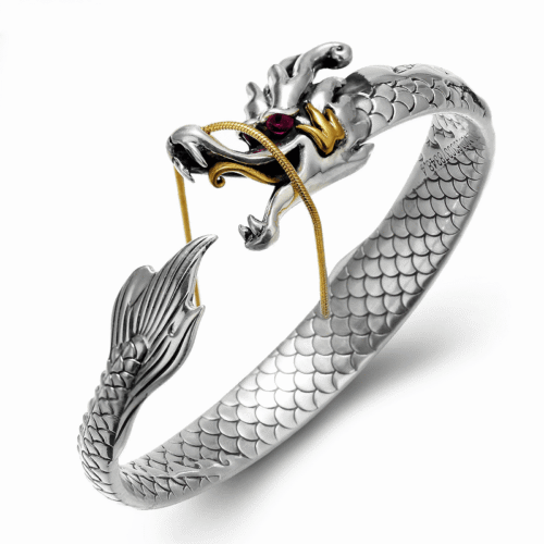 990 Brazalete Dragón de plata pura, caballero, ajustable, acabado vintage, vista frontal.