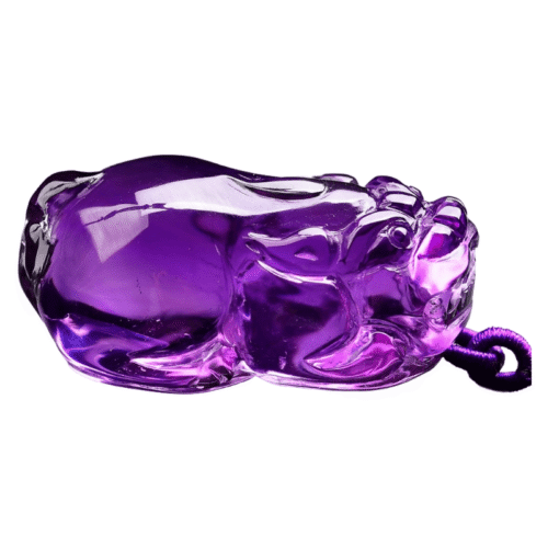 Amethyst Pixiu pendant, hand-carved, natural Brazilian crystal, front view.
