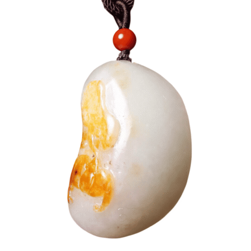 Natural Hetian mutton-fat jade pendant with bat and lingzhi carving, symbolizing fortune and longevity