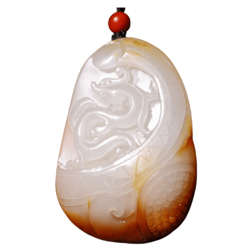 Hotan Jade Auspicious Beast pendant, hand-carved, ancient form, front view.