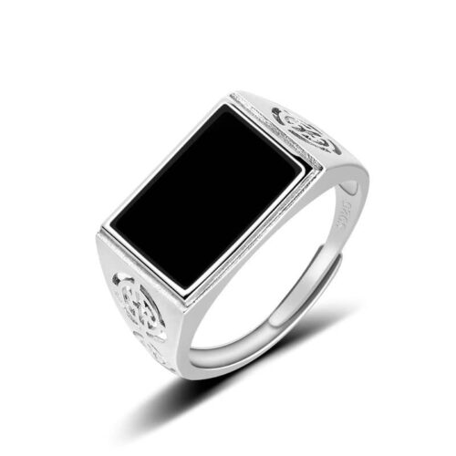 S925 Silver Black Jadeite saddle ring, natural A-grade Mo Cui, front view.