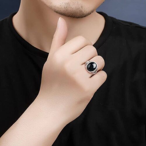 Man wearring a Black Jadeite Ring】Natural Grade A Black Jadeite Cabochon Ring S925 Sterling Silver Setting · Adjustable (3)