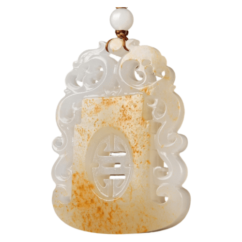 Hotan Jade Mutton-fat Dragon in the Mansion pendant, hand-carved, ancient form, front view.