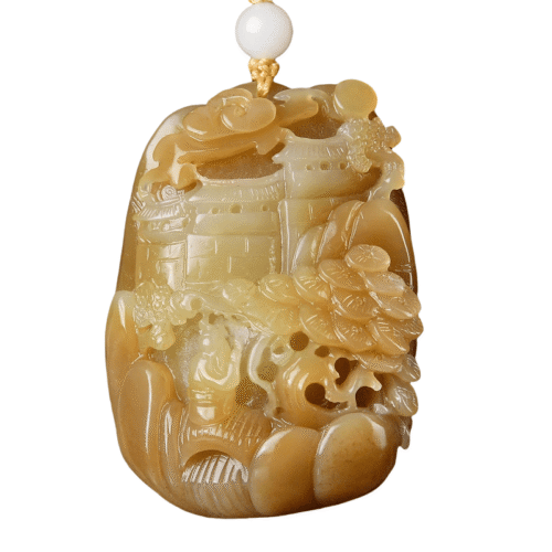 Hotan Sugar Jade landscape pendant, hand-carved, Qiaose artistry, front view, peaceful scene.