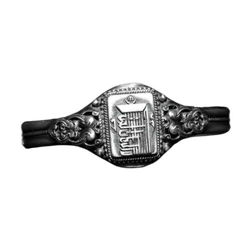 S925 Sterling Silver Tibetan Ten-Syllable Mantra Bangle, vintage finish, front view.